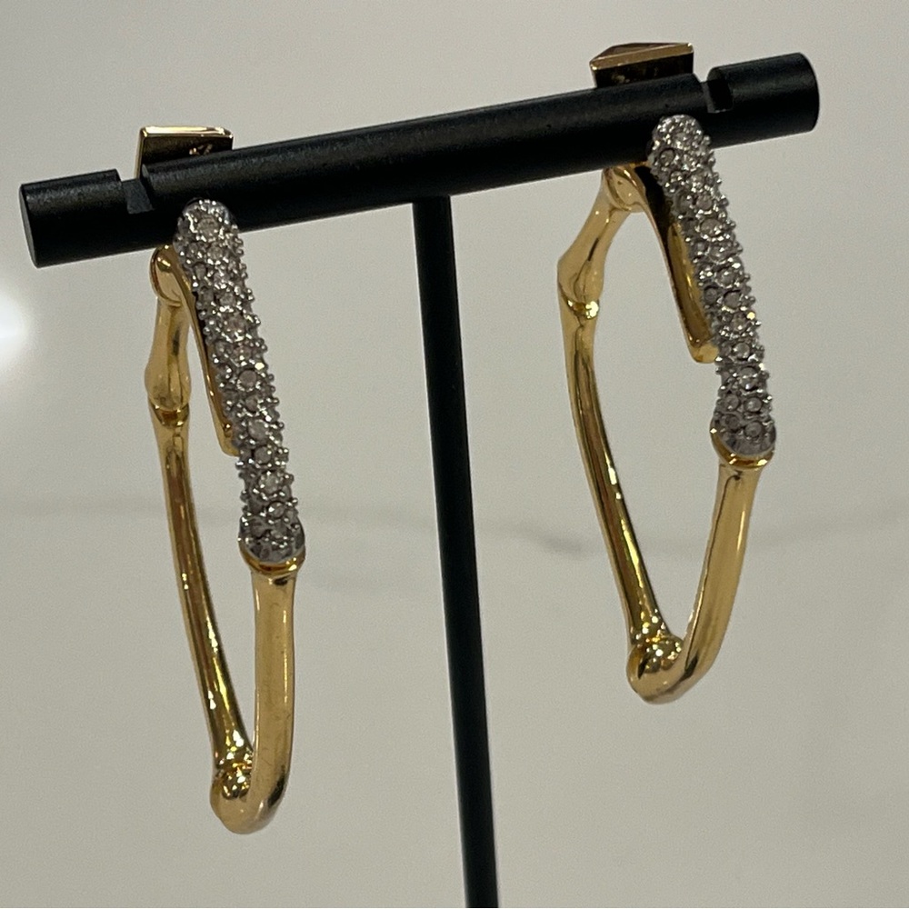 Alexis Bittar Crystal Encrusted Gold Tone Bamboo Hoop Earrings Like New